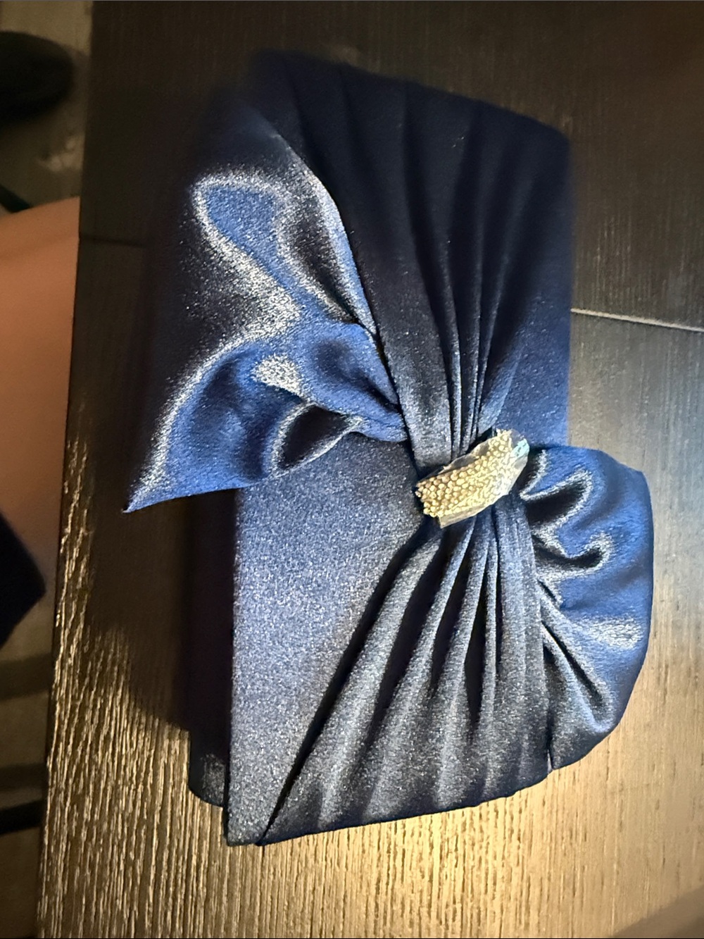Elegant Navy Satin Bow Clutch with Crystal Accent